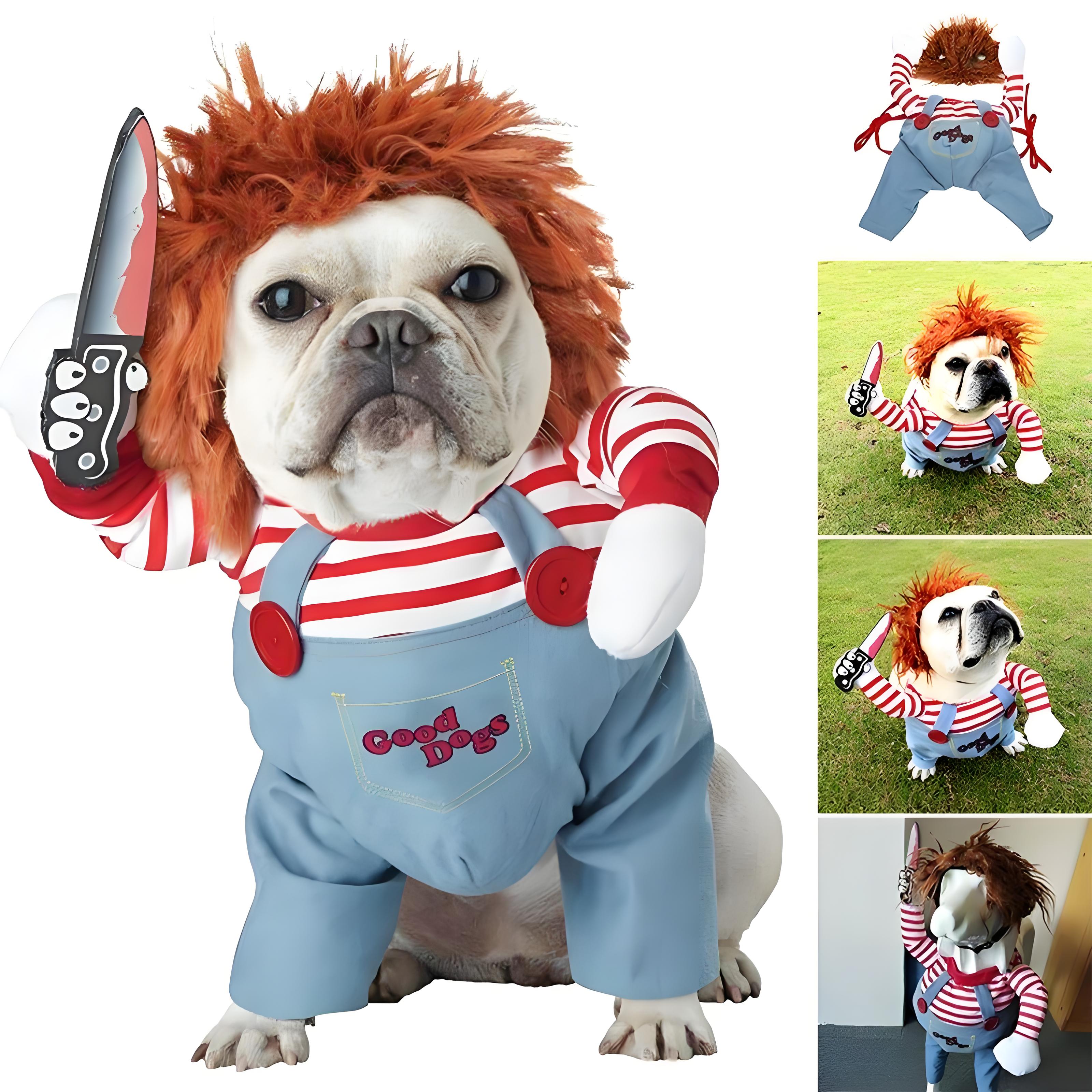 Funny Dog Halloween Costume with Wig and Knife, Adjustable Pet Cosplay Outfit for Parties & Photos
