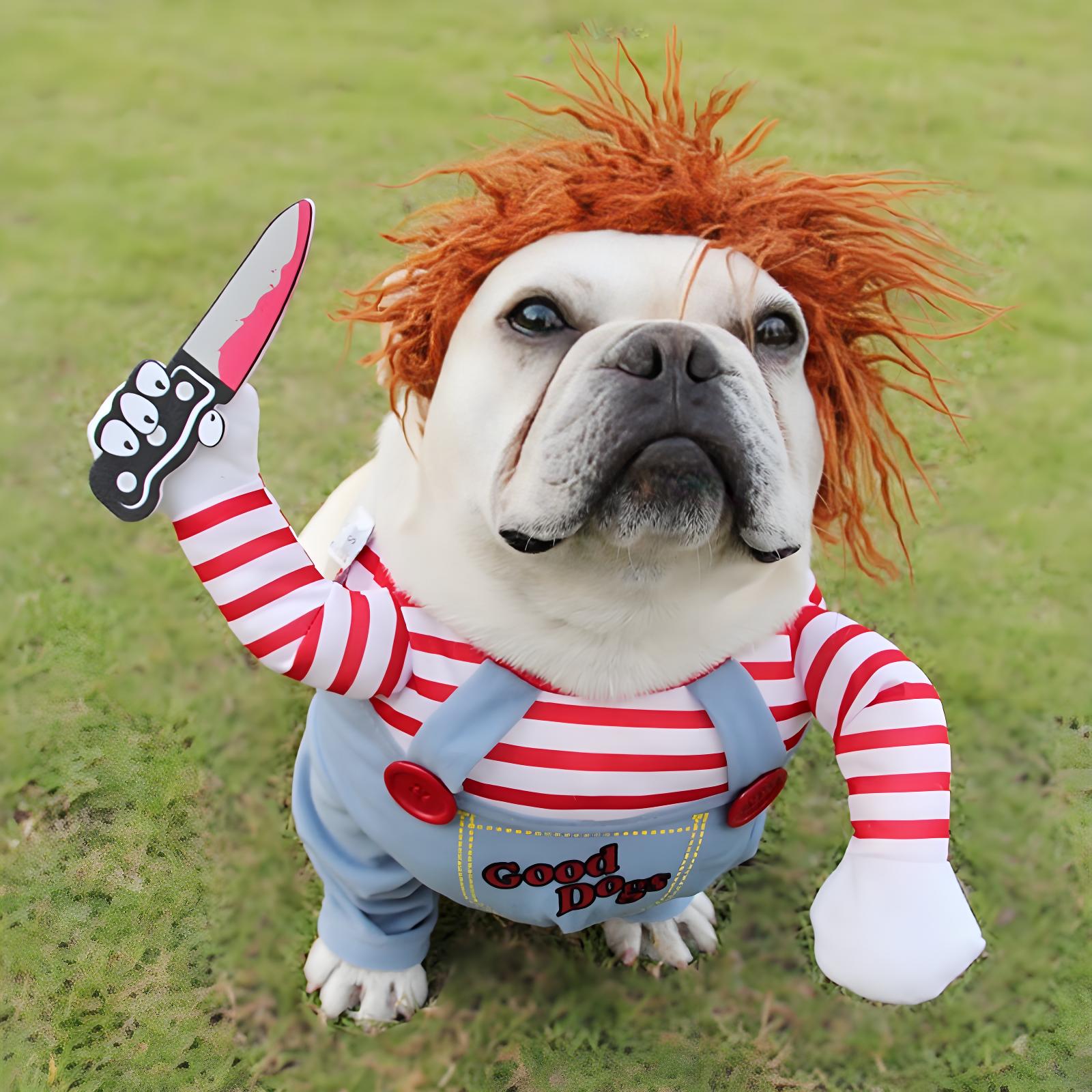 Funny Dog Halloween Costume with Wig and Knife, Adjustable Pet Cosplay Outfit for Parties & Photos