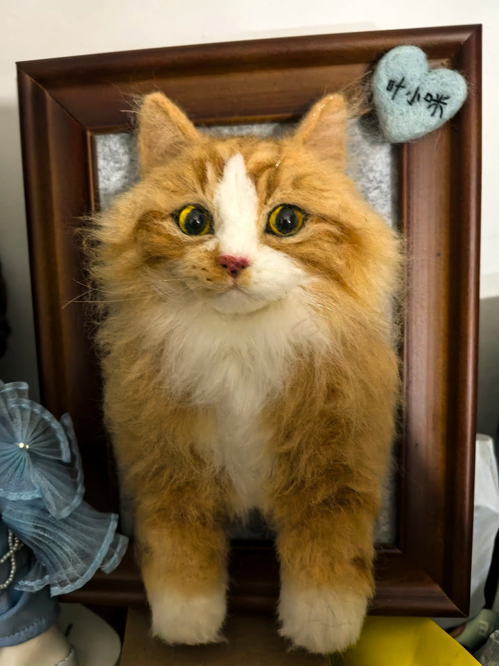 Handmade Needle Felted Cat Portrait, Personalized 3D Wool Felt Cat Memorial Gift in Frame