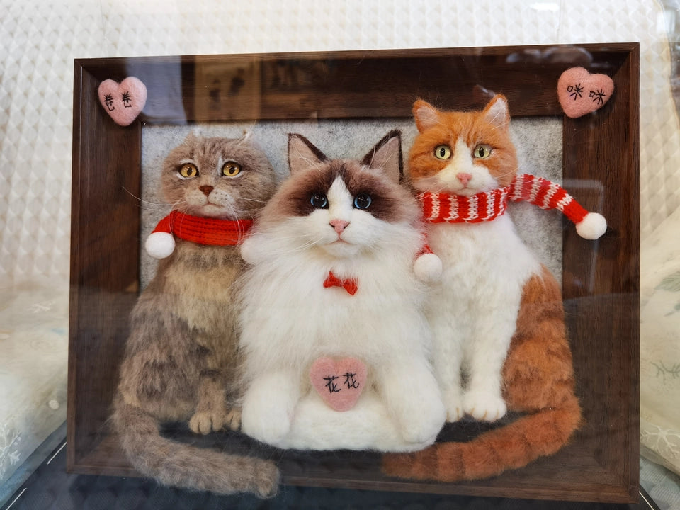 Handmade Needle Felted Cat Portrait, Personalized 3D Wool Felt Cat Memorial Gift in Frame