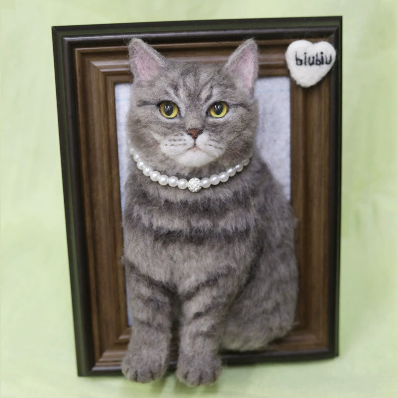 Handmade Needle Felted Cat Portrait, Personalized 3D Wool Felt Cat Memorial Gift in Frame