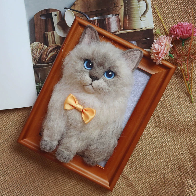 Handmade Needle Felted Cat Portrait, Personalized 3D Wool Felt Cat Memorial Gift in Frame
