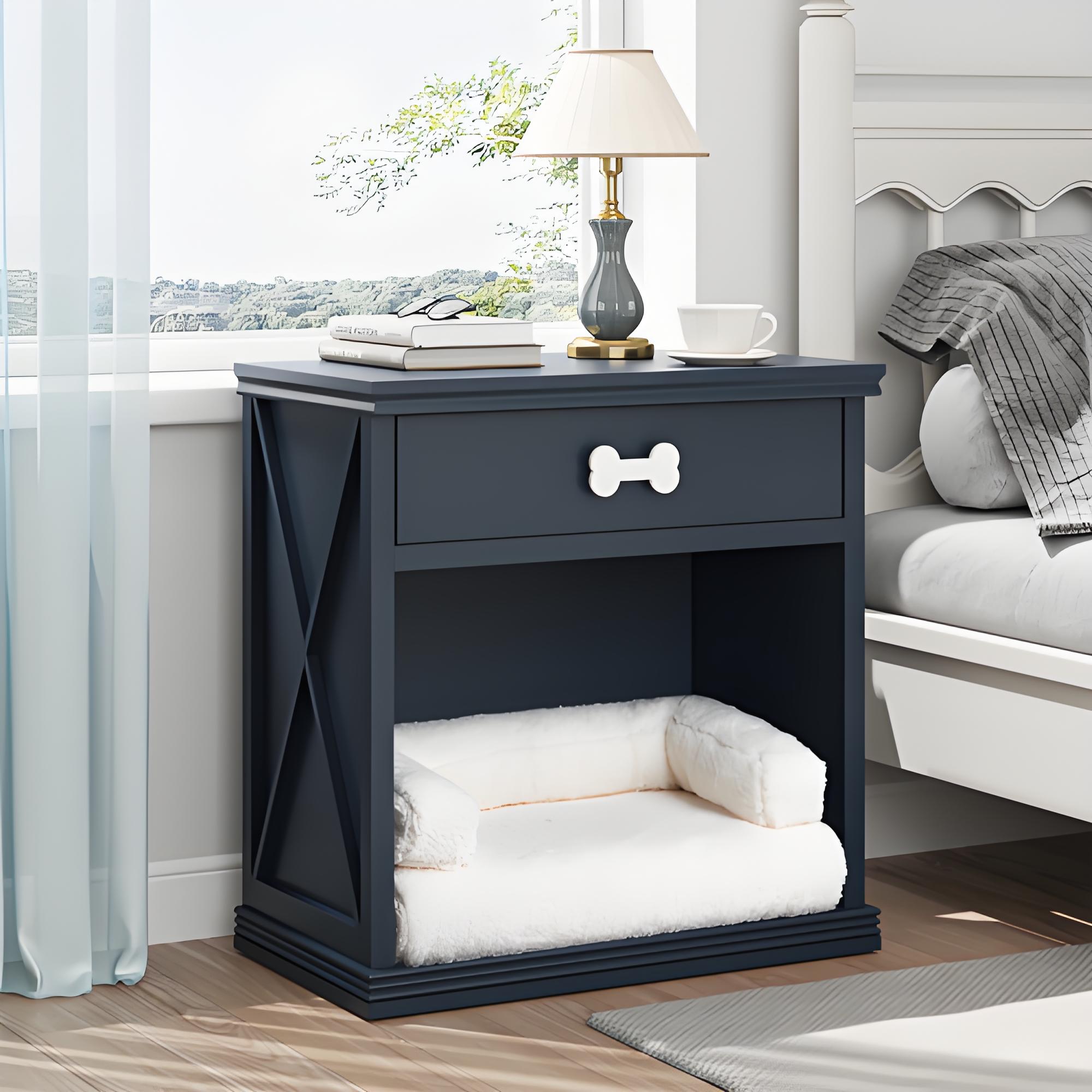 Vintage Pet Bed Furniture with LED Lights, Hidden Litter Box Cabinet & Side Table for Cats and Small Dogs - Bark'n'Meow - Bark'n'Meow