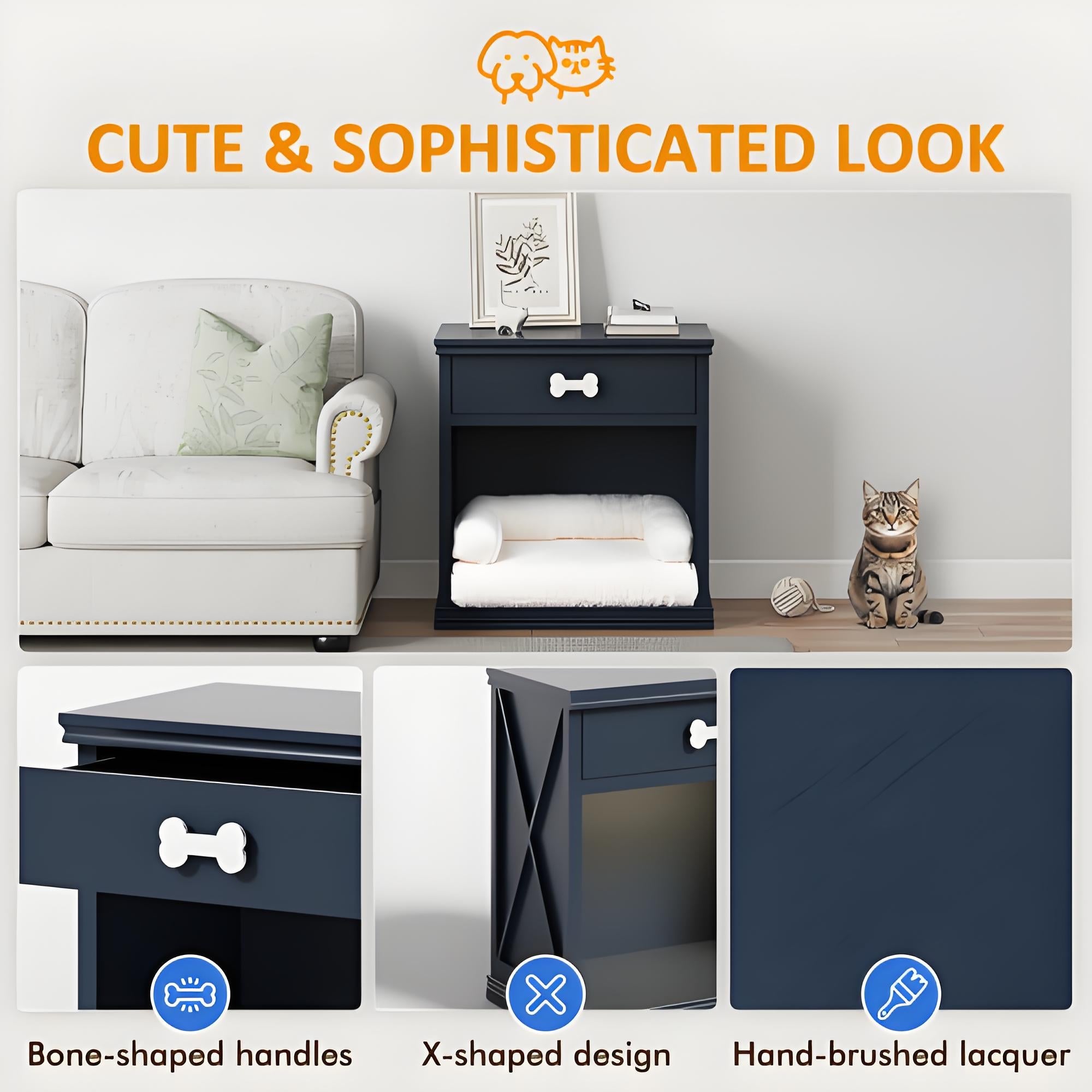 Vintage Pet Bed Furniture with LED Lights, Hidden Litter Box Cabinet & Side Table for Cats and Small Dogs - Bark'n'Meow - Bark'n'Meow
