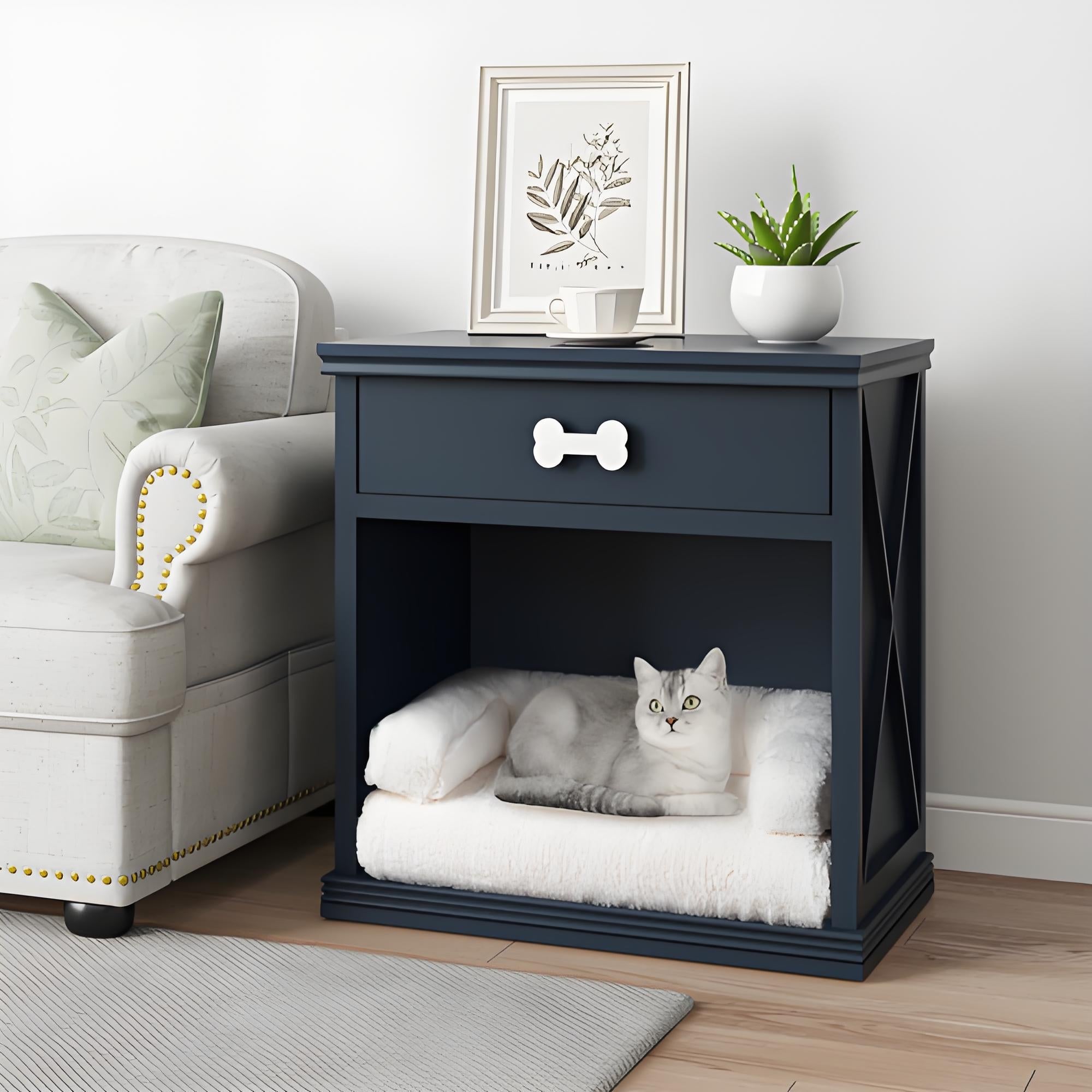 Vintage Pet Bed Furniture with LED Lights, Hidden Litter Box Cabinet & Side Table for Cats and Small Dogs - Bark'n'Meow - Bark'n'Meow