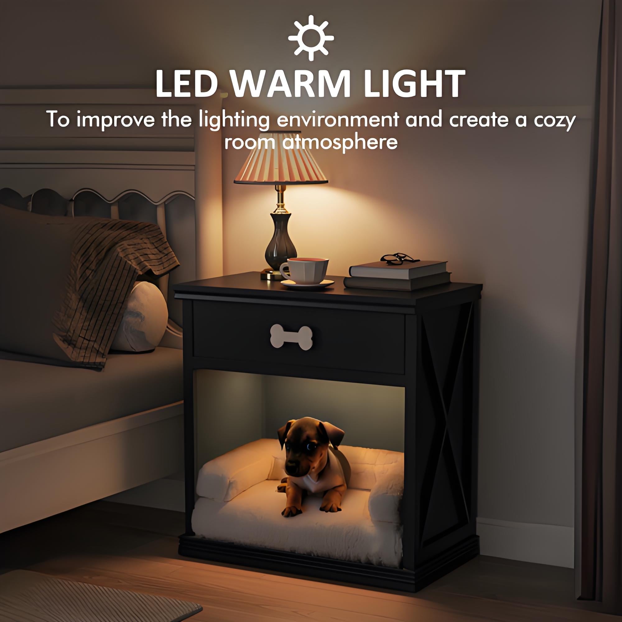 Vintage Pet Bed Furniture with LED Lights, Hidden Litter Box Cabinet & Side Table for Cats and Small Dogs - Bark'n'Meow - Bark'n'Meow