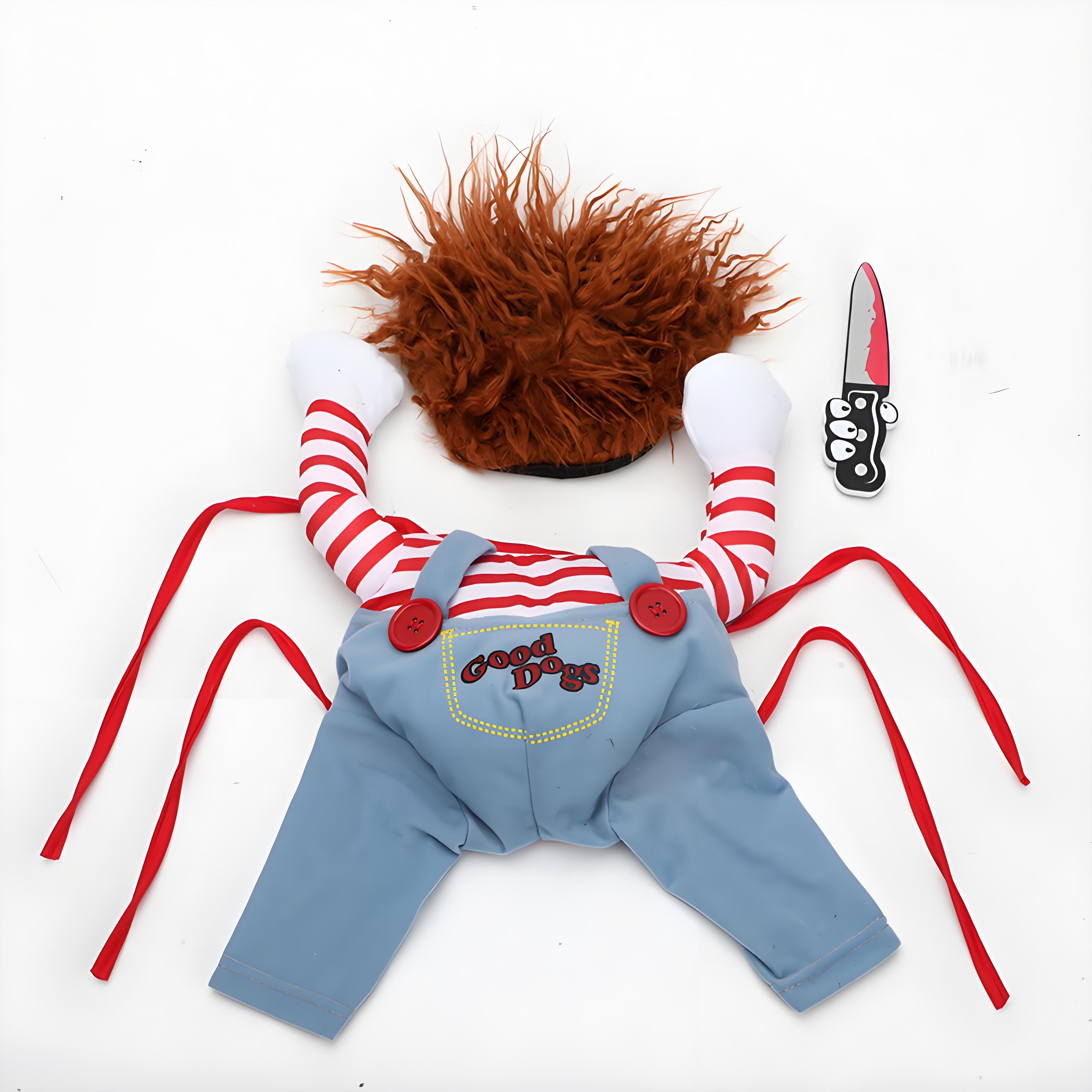 Funny Dog Halloween Costume with Wig and Knife, Adjustable Pet Cosplay Outfit for Parties & Photos