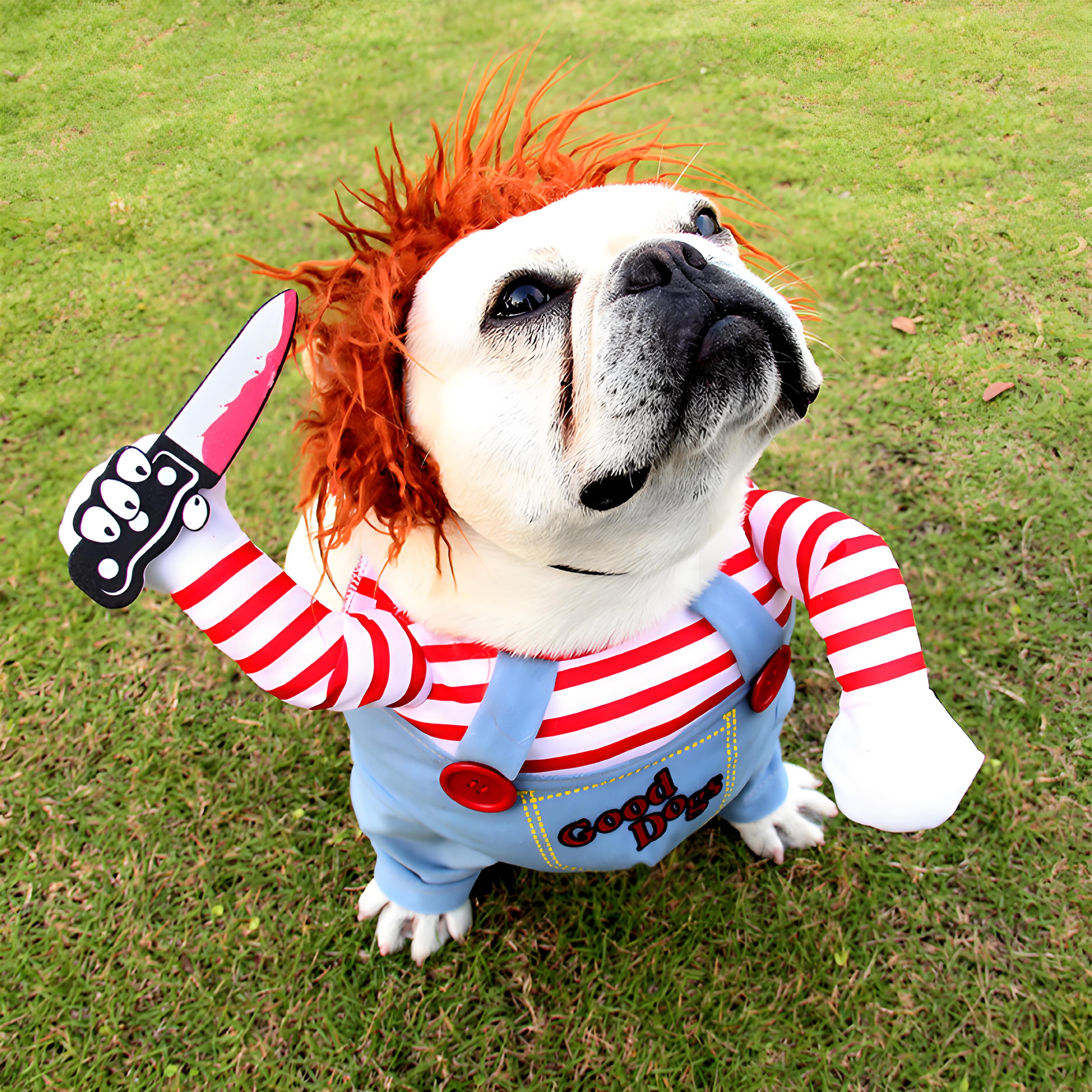 Funny Dog Halloween Costume with Wig and Knife, Adjustable Pet Cosplay Outfit for Parties & Photos