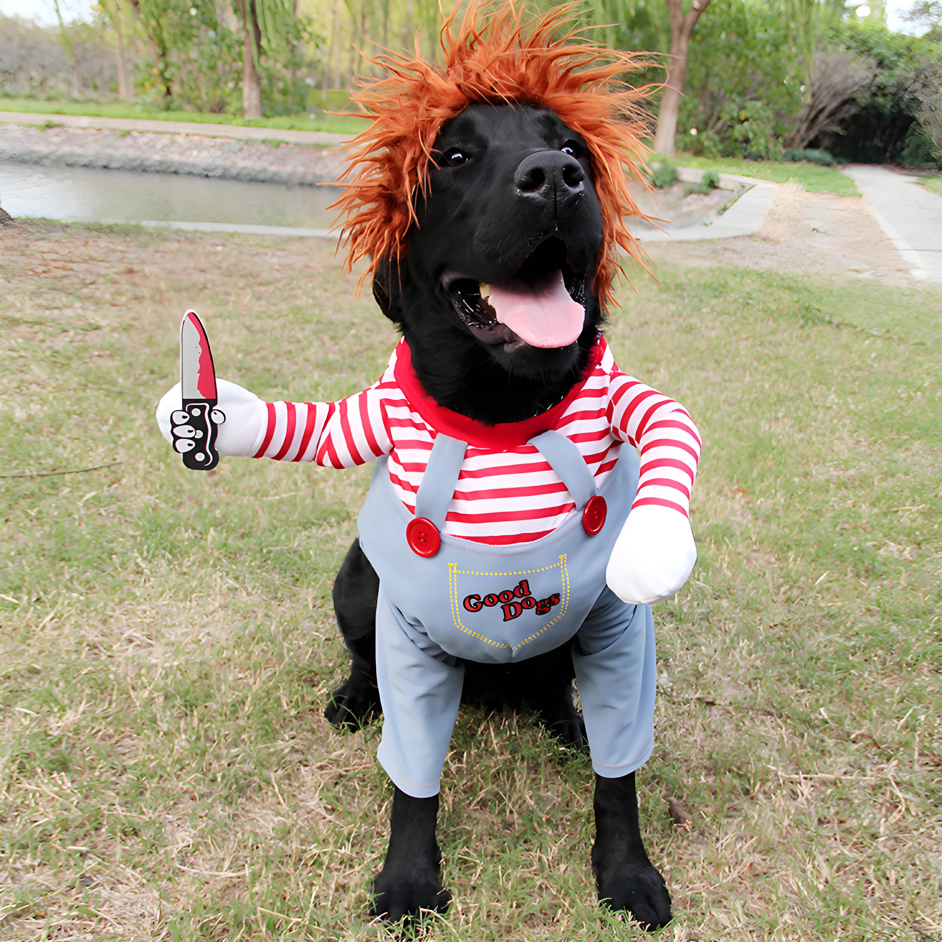 Funny Dog Halloween Costume with Wig and Knife, Adjustable Pet Cosplay Outfit for Parties & Photos