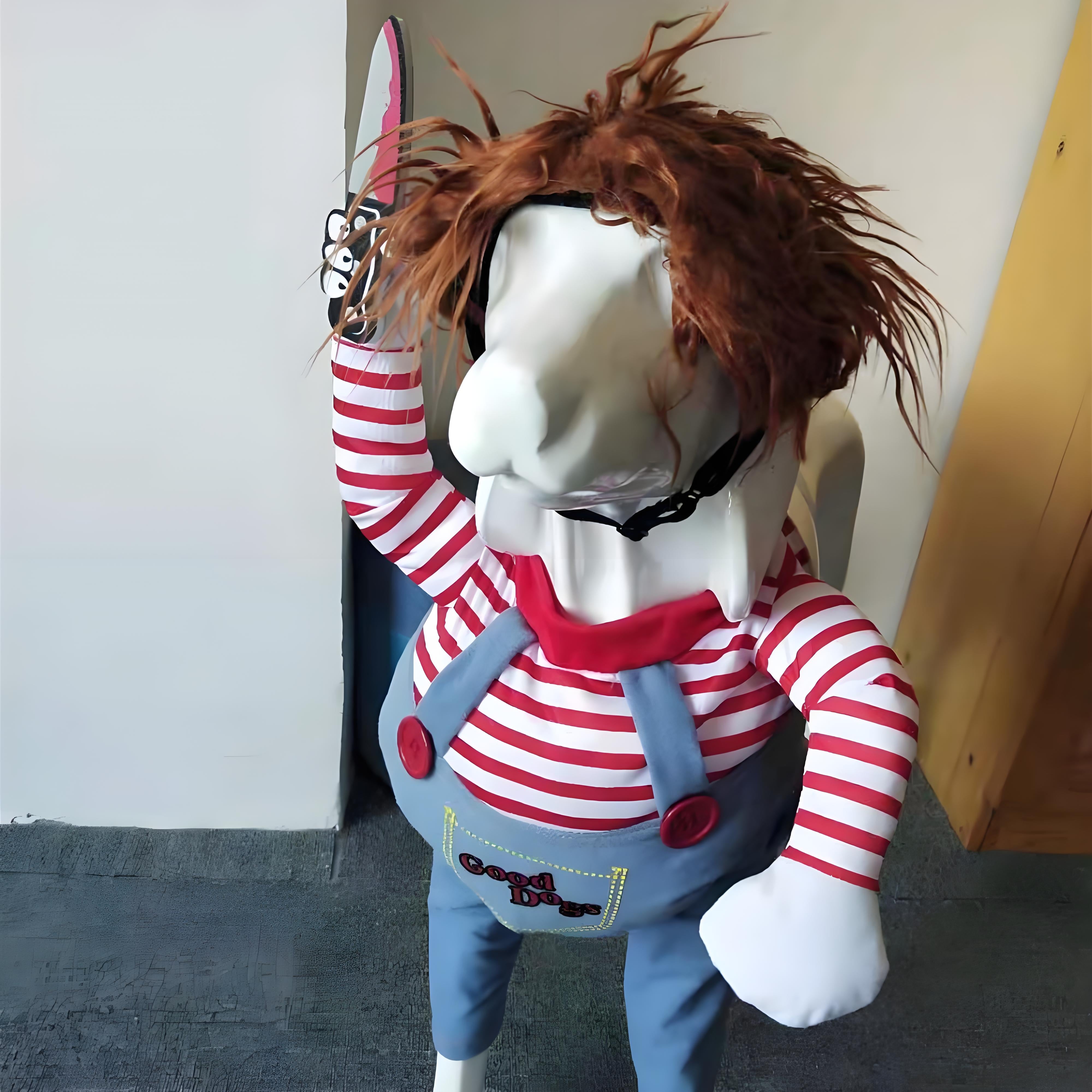 Funny Dog Halloween Costume with Wig and Knife, Adjustable Pet Cosplay Outfit for Parties & Photos