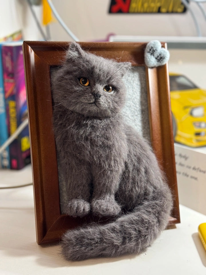 Handmade Needle Felted Cat Portrait, Personalized 3D Wool Felt Cat Memorial Gift in Frame