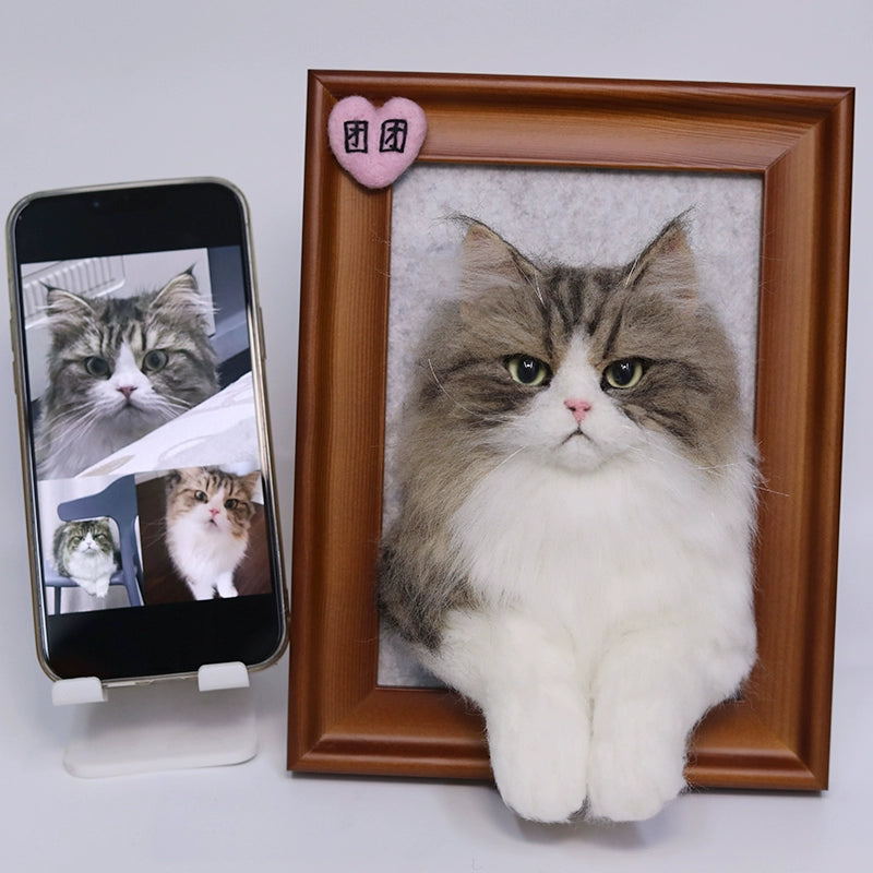Handmade Needle Felted Cat Portrait, Personalized 3D Wool Felt Cat Memorial Gift in Frame